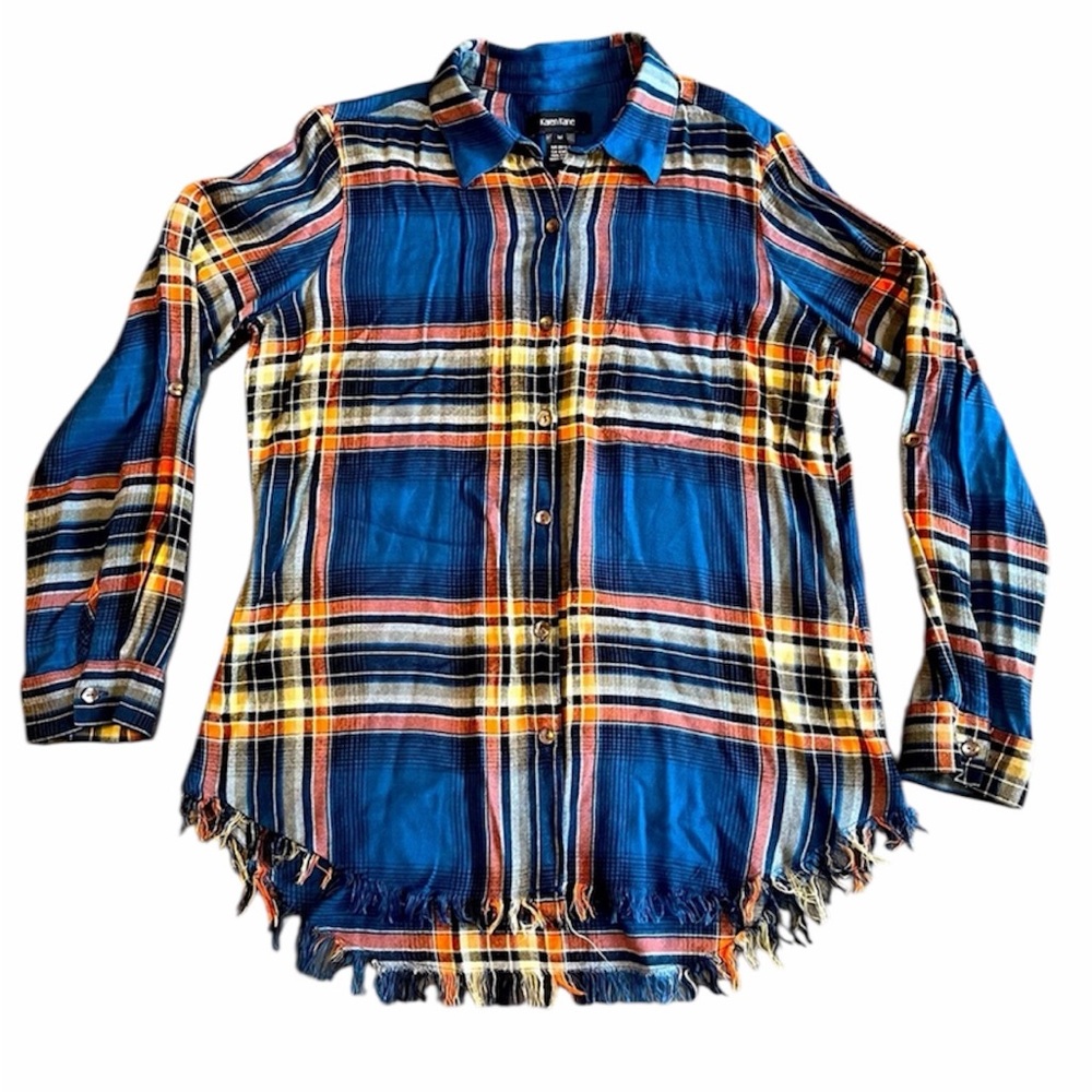 Karen Kane Blue & Orange‎ Plaid Fringe Button-Down – Size Medium